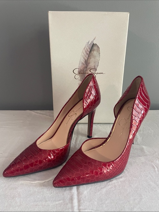 Jessica Simpson Shoes - Jessica Simpson Burgundy Croc-Embossed Pointed Stiletto Pumps